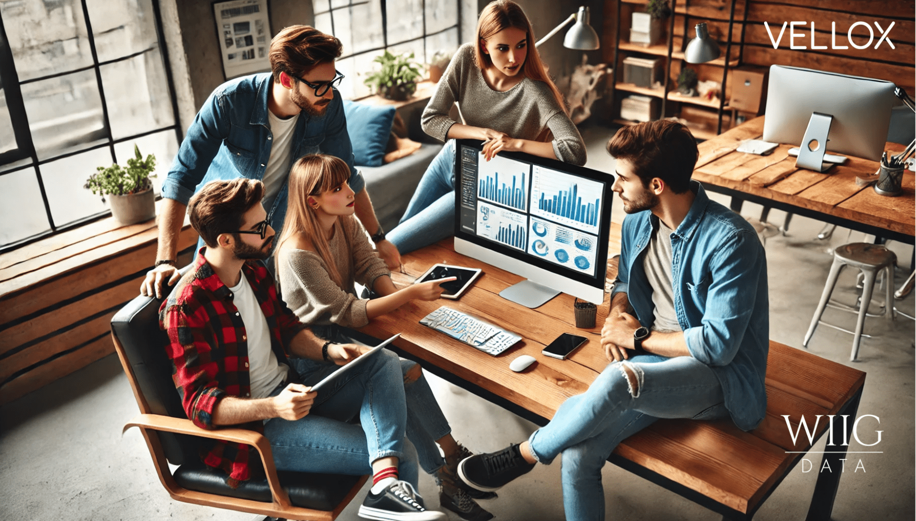 AI-genererad bild av en grupp kollegor som diskuterar datavisualiseringar på en skärm i en modern kontorsmiljö. Diagrammen på skärmen visar olika hur man med Wiigdatas samarbetspartner Vellox kan visualisera data från Pyramids affärssystem.